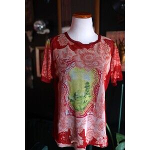 Nicola Vintage Y2K 90S  Sheer Sparkle Shimmer Floral AOP Red Short Sleeve Top M